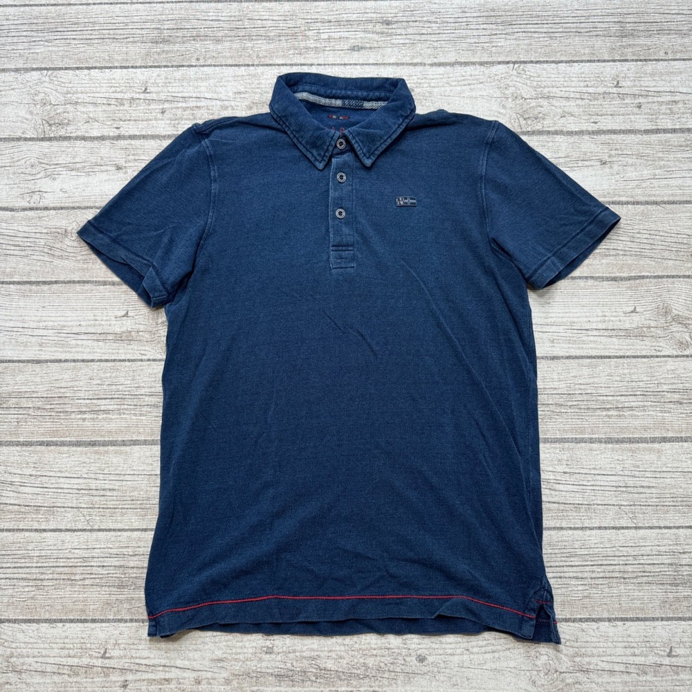 Napapijri Polo Shirt Men's Medium Navy Blue Pique Short Sleeve Open Road Biker